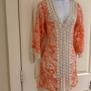 En Creme Vibrant Orange and Cream Lace Swim Cover-Up